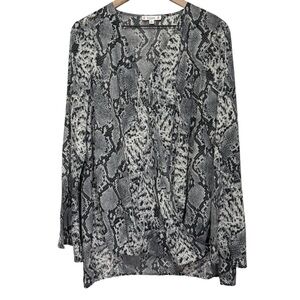 L Love Semi Sheer Snake Print Crossover Blouse Bell Sleeves Office Size Large